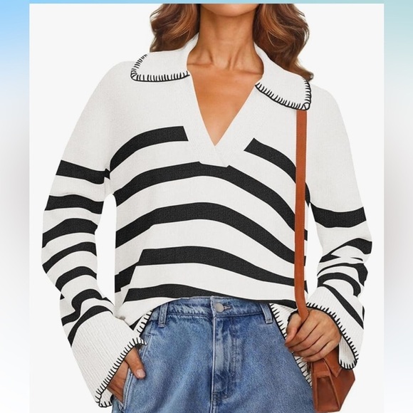 Striped Black and White Women's Sweater - Picture 1 of 7
